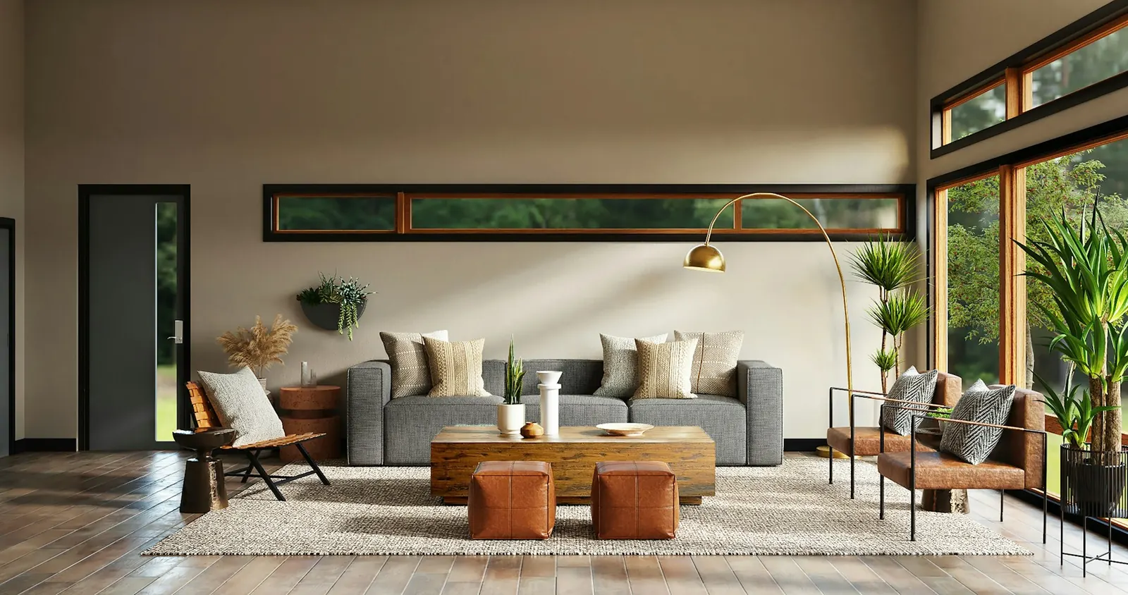 Sunlit modern living room with warm wood and low lounge chairs